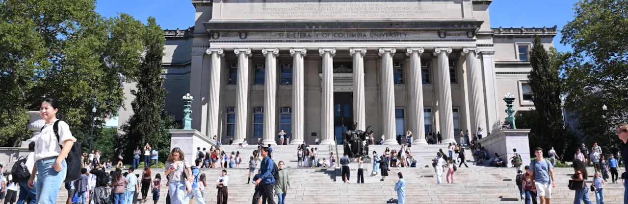 Campus life in front of Low Library on Columbia's Morningside Heights campus.